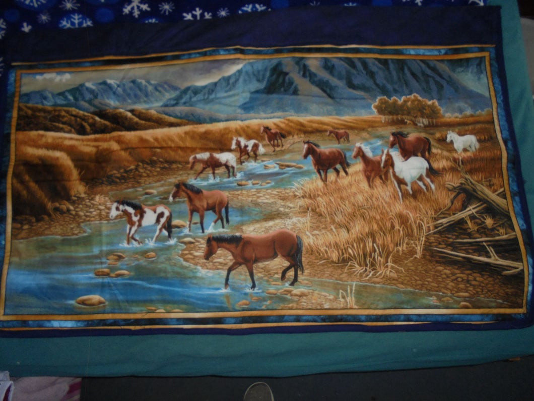 #1225 Wide Wall Hanging Horses running along the River 42"x26" $60